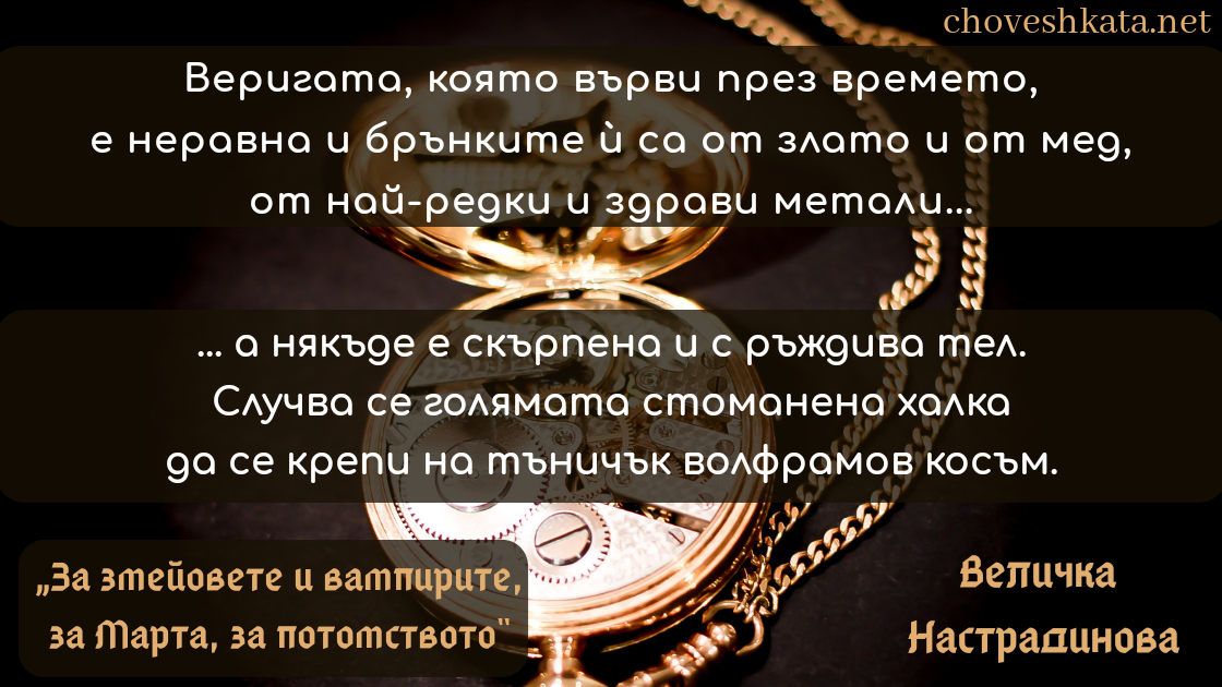 Цитат от „За змейовете и вампирите, за Марта и потомството“ на Величка Настрадинова: „Веригата, която върви през времето, е неравна и брънките ù са от злато и от мед, от най-редки и здрави метали, а някъде е скърпена и с ръждива тел. Случва се голямата стоманена халка да се крепи на тъничък волфрамов косъм“.